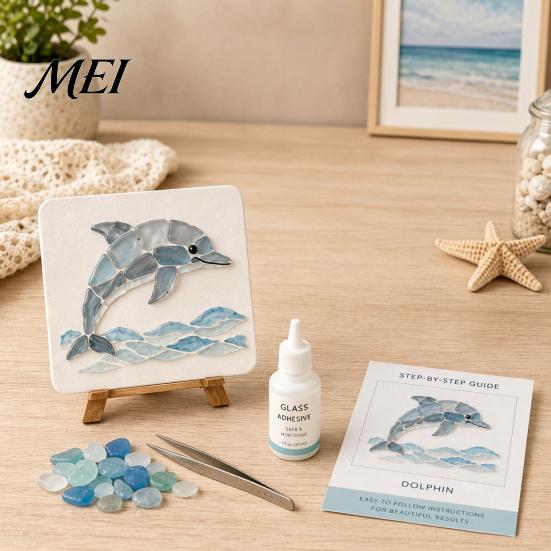 Nautical Beach Theme Craft DIY Sea Glass Art Mosaic Kit, Ocean Animal Themed Set for Adults Environmental Friendly Materials Beginner, Handmade
