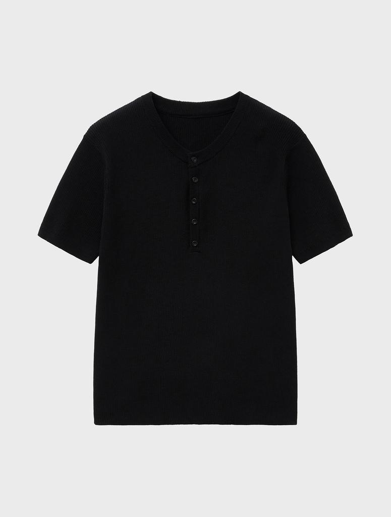 NOIRER Ribbed Henley Neck Half Knit (Black)
