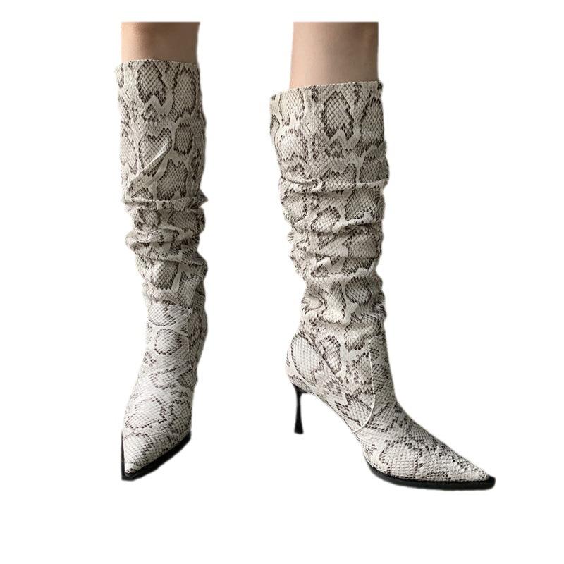 Summer 2025 New High-heeled Snake Pattern Pleated Stacking Boots Pointed Thin High-heeled Boots High Boots But Knee Boots