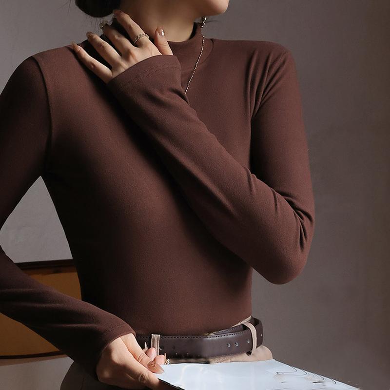 Plus Velvet Bottoming Shirt Women's Autumn Winter Thickened Half-high Collar Long-sleeved Solid Color Pullover Warm Top T-shirt