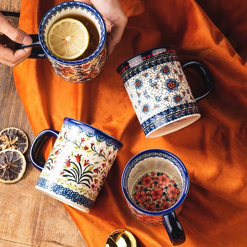 A Set of Gift Hand Painted Vintage Style Flower Pattern Ceramic Coffee Mug, 14 OZ Mug, Water Cup, Milk Mug, Ceramic Tea Cups wit