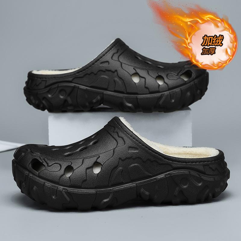 Large size cotton slippers winter indoor non-slip warm hole shoes outdoor piled thickened fluffy slippers