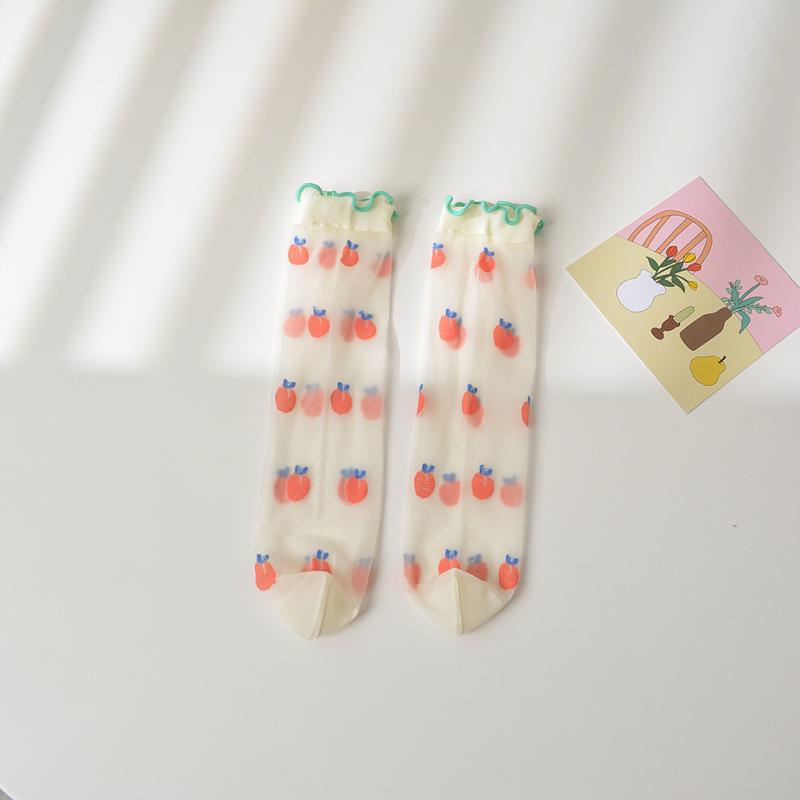Girls Summer Thin Breathable Socks Ruffled Edge Cartoon Flower Fruit Printing Mid-calf Socks For