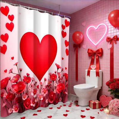 Valentine's Day Love Heart Dec Shower Curtain, Bathroom Shower Waterproof Curtain with 12 Hooks,  Home Decoration, Free Delivery