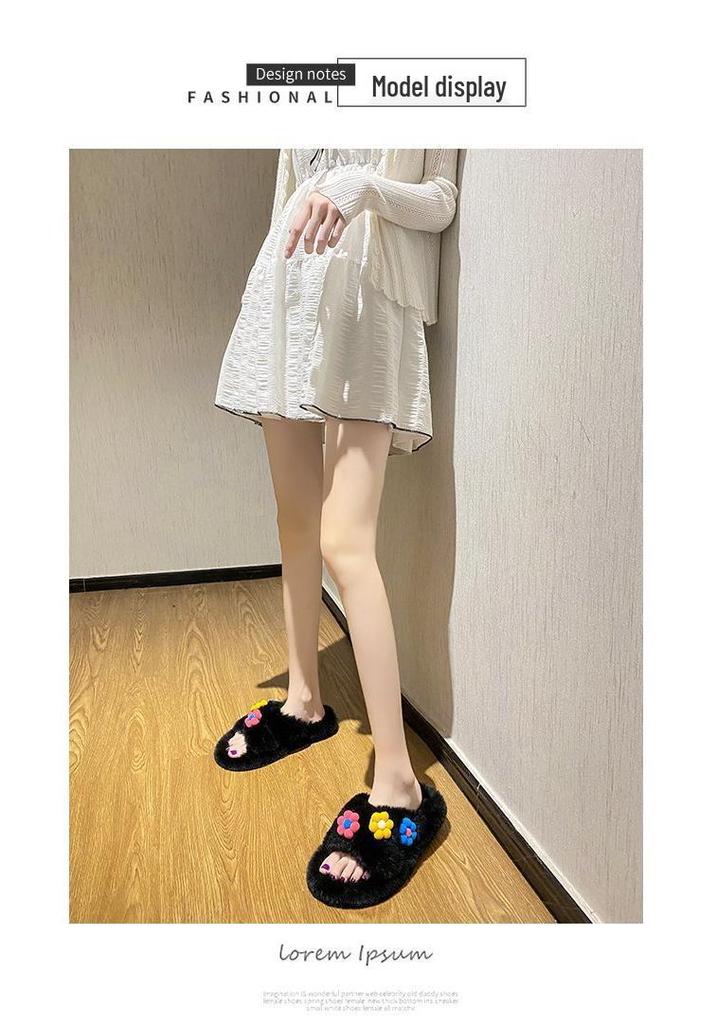 Autumn Outdoor Fashionable Furry Slippers: Trendy Flat Sole, Single Strap, and Fluffy Cotton for Home or Casual Wear.