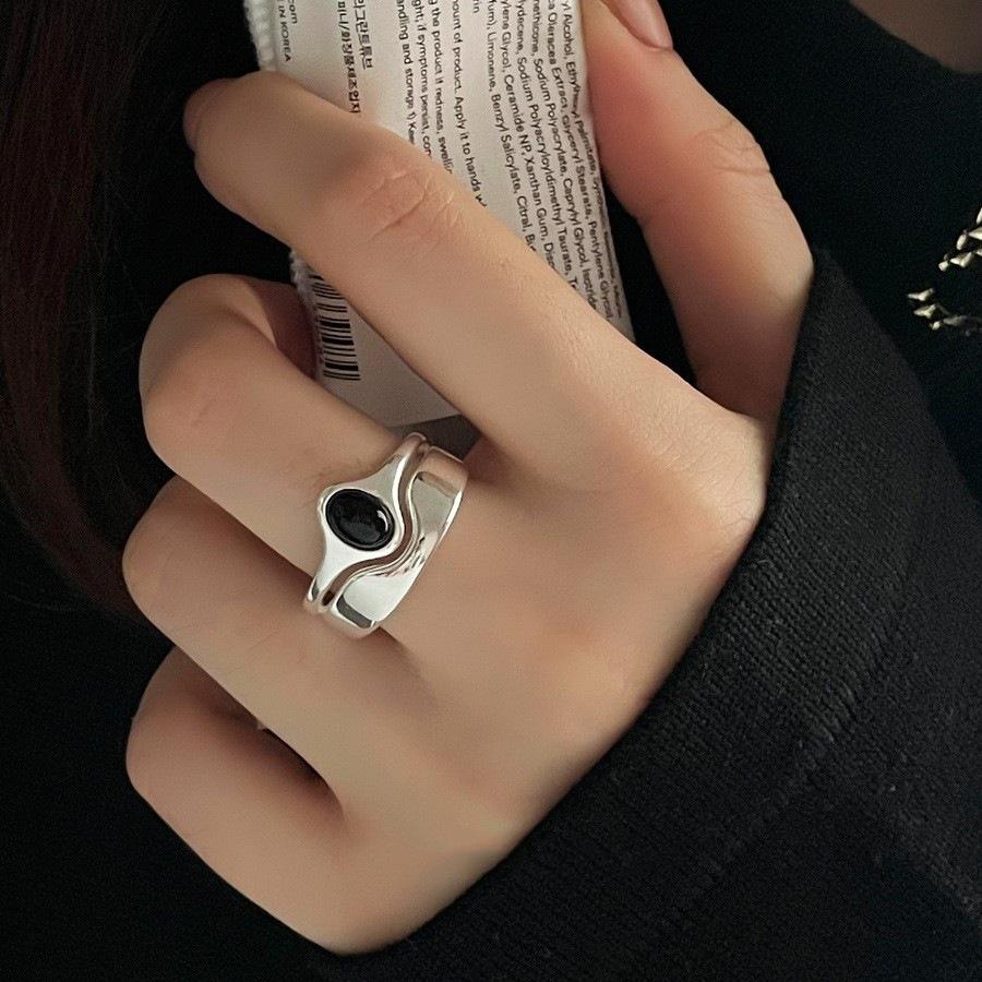 Sweet Double Layer Black Zircon Oval Ring: Women's Fashion, Trendy Hip Hop Style Open Index Finger Accessory