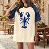 Women Casual Denim Patchwork Short Sleeve T Shirt Summer Spring Fashion Comfortable Loose Fit Crew Neck Top with Lobster Print