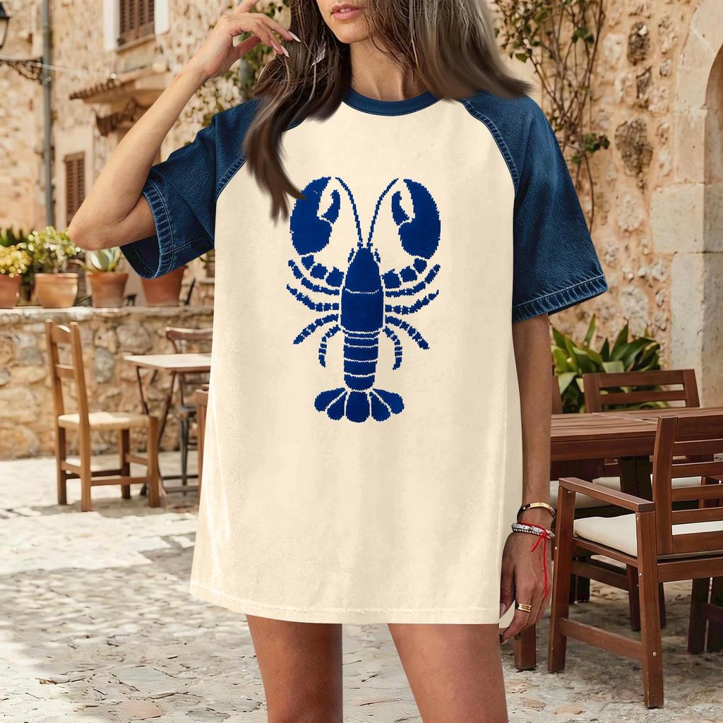 Women Casual Denim Patchwork Short Sleeve T Shirt Summer Spring Fashion Comfortable Loose Fit Crew Neck Top with Lobster Print