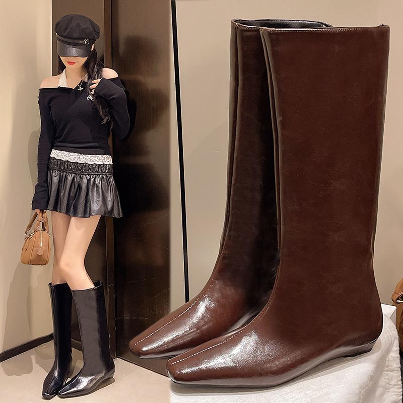 Small Knee Boots Maillard Wide Tube Big Tube Circumference Western Boots Flat Mouth Ugly Boots Early Autumn High Tube Boots Women