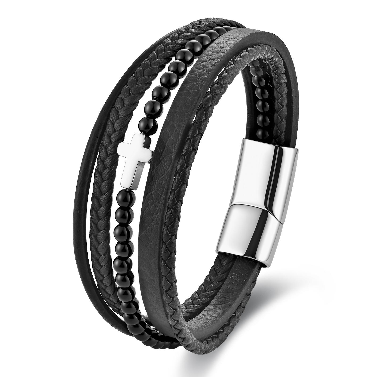 Black Leather Rope Cowhide Men s Double Layer Genuine Leather Braided Bracelet Multilayer Leather Bracelet 2026 21CM