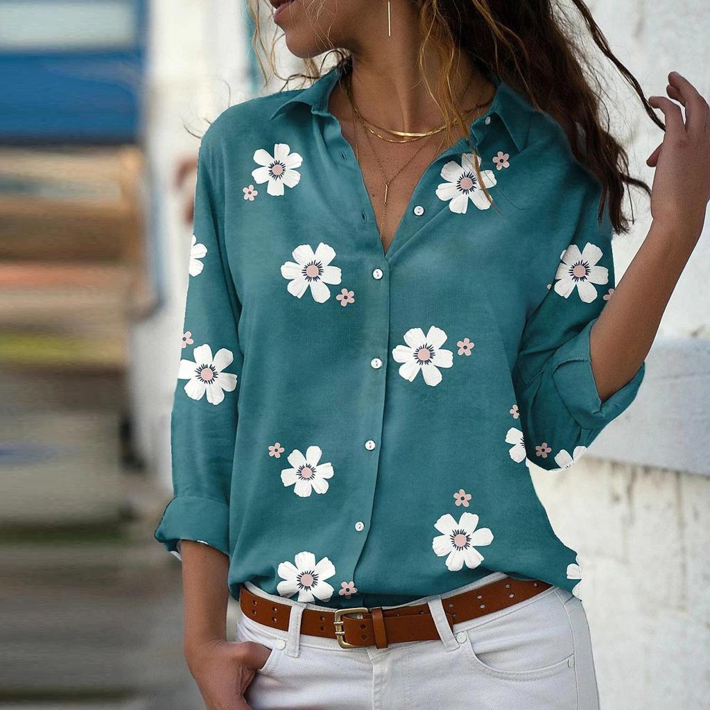 Spring Loose Collared Long Sleeved Single Breasted Shirt With Printed Top For Women