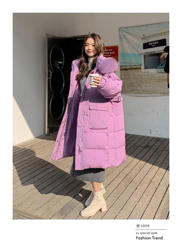 Plus Size Long Down Jacket for Women with Fur Collar and Hood, 300 Jin Capacity