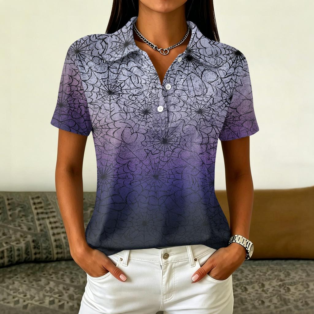 Women's Casual Button Down Short Sleeve Blouse with Halloween Print Lapel