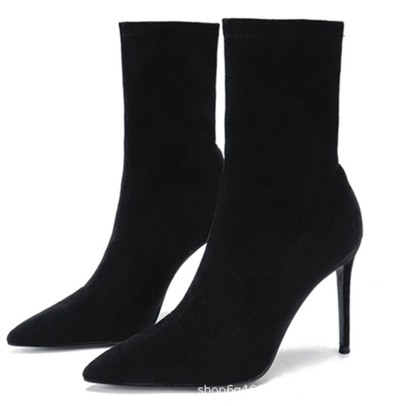 Autumn and winter new black high-heeled short boots women's elastic thin boots thin heel pointed versatile short tube apricot single boots