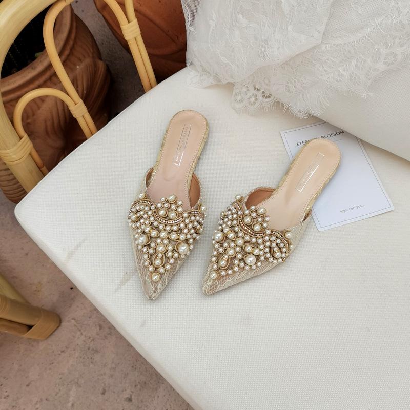Designer Beads Wedding Shoes Women 2024 Lace Embroider Flats Woman Ballerina Pointed Toe Pearl Loafers Sneakers Plus Size 35-43