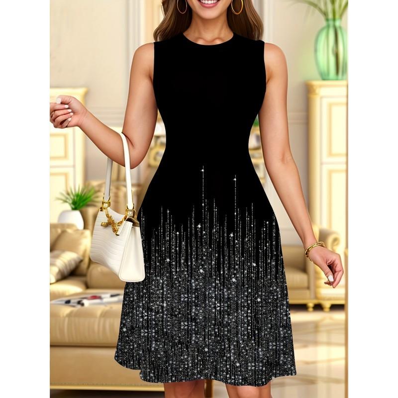 Womens Casual Sleeveless Round Neck Midi Dress With 3D Print Breathable Comfort Fit Elegant Office Style