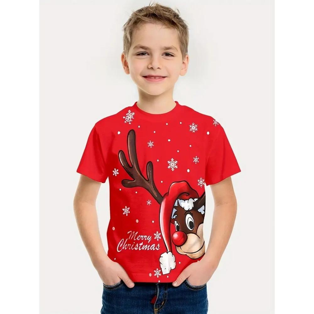 Fashionable Summer Children's T-shirt Colorful Christmas Collection Animals Printing Soft Comfortable Breathable Round Neck Short Sleeved T-shirt