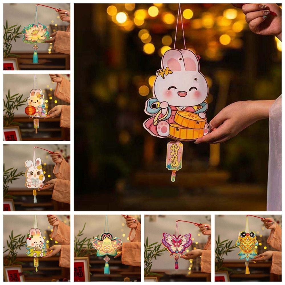 Handmade Craft Kit LED Glow DIY Paper Lantern Battery Portable Glowing Rabbit Light Vintage Mini Size Chinese Flower Lamp Family