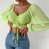 Summer New V-neck Drawstring Chiffon Blouse Women Vintage Lantern Sleeve Slim Fashion Sexy Women's Shirt Tops Elegant Solid Ladies Crop Blouse 25156