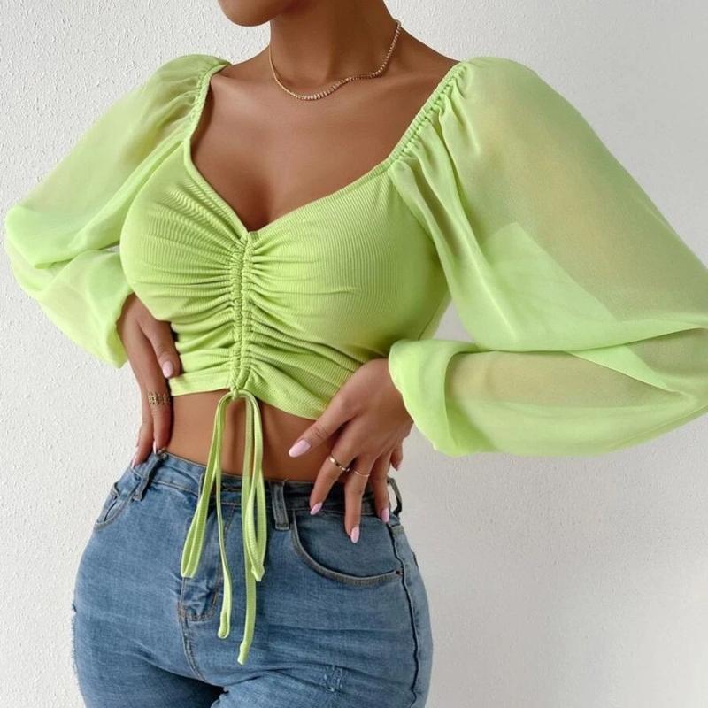 Summer New V-neck Drawstring Chiffon Blouse Women Vintage Lantern Sleeve Slim Fashion Sexy Women's Shirt Tops Elegant Solid Ladies Crop Blouse 25156