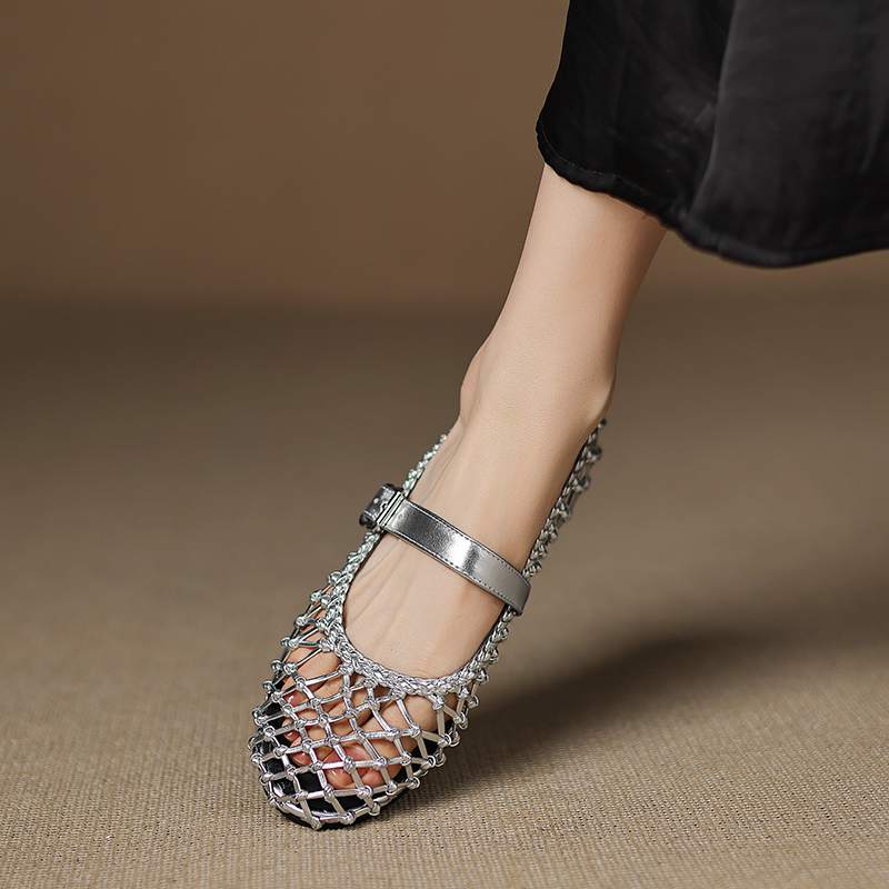 Krazing Pot Straw Weaving Mary Janes Summer Size 42 European Design Thick Flat with Women Women Round Toe Flats