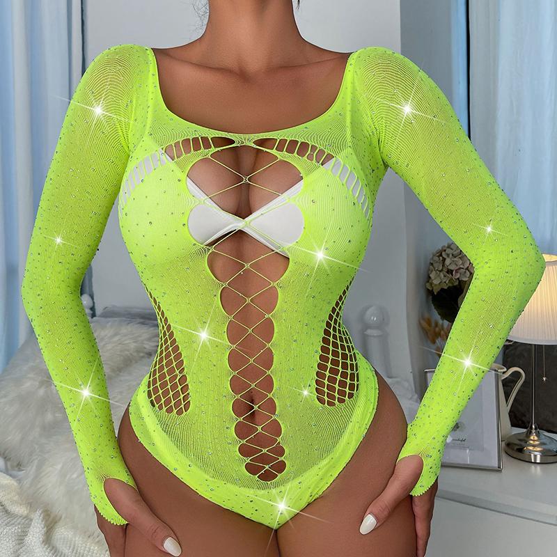 Women Diamond Fishing Net Stocking Babydoll Lingerie Long Sleeve Sleepwear Bodysuit Black Lingerie Ladies Jumpsuit