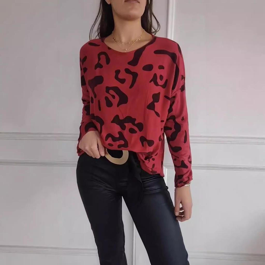 2024 Autumn/Winter Casual Leopard Print Women's Long Sleeve Crew Neck Top