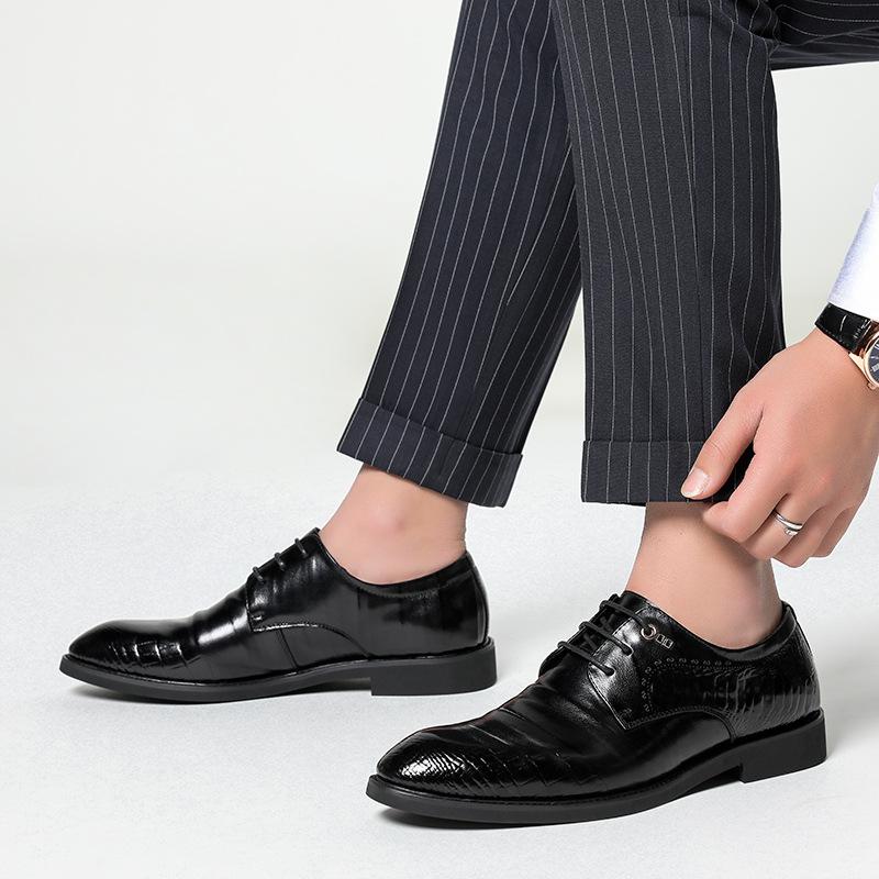 Spring New Leather Shoes Men's First Layer Cowhide Business Suit Pointy Shoes Trendy Breathable Black Groom Wedding