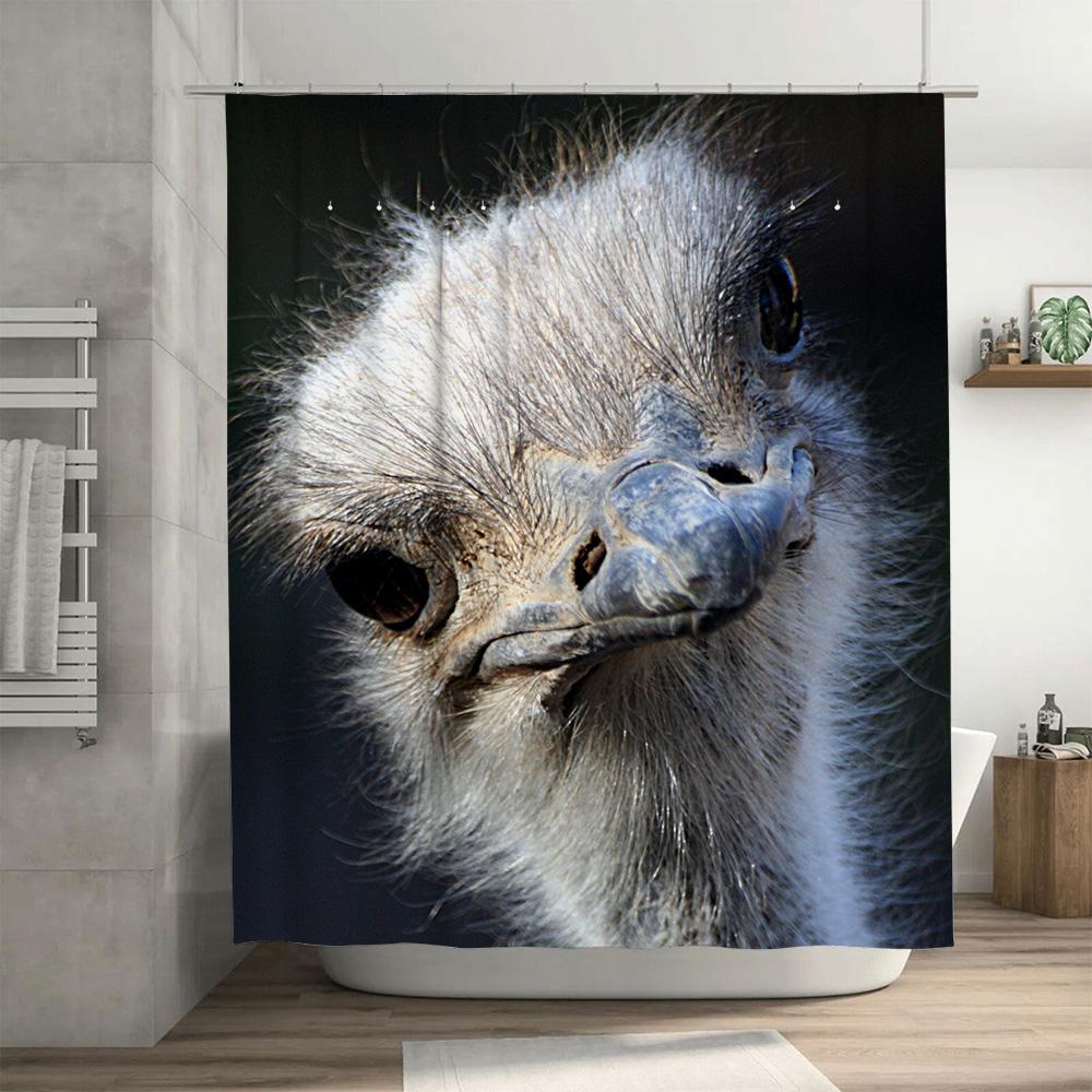 Large Print Shower Curtain With Eye-Catching Ostrich Design For Bathroom Decor Waterproof Fabric Material (Blue)