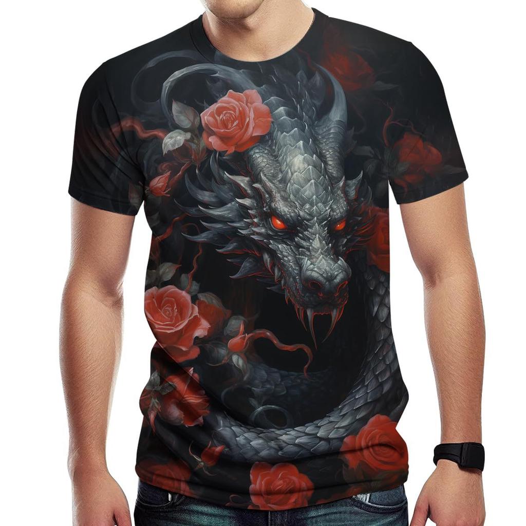 Summer Round Neck 3D Dragon Pattern Print Top Fashionable Casual Short Sleeved Men's T-shirts