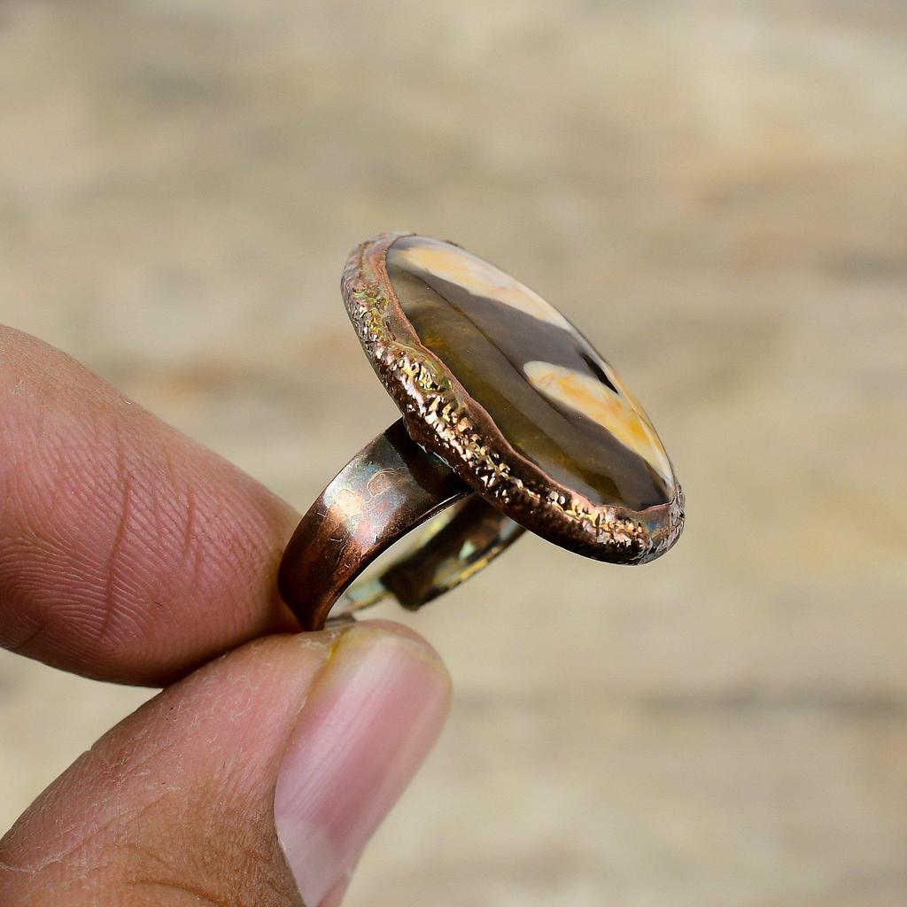 Peanut Wood Jasper Ring Electroformed Copper Ring Adjustable Rings Electroformed Jewelry Gemstone Ring Copper Jewelry For Gift Handmade Ring