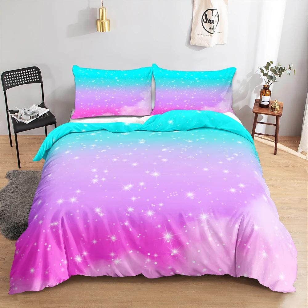 Rainbow Bedding Set Halo Dyeing Gradient Color Clouds Constellation Duvet Cover Set Single/Twin/Double Size Funny Gifts For Kids