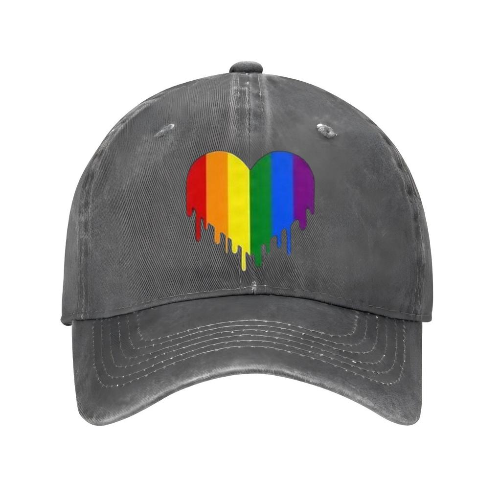 Rainbow Dripping Heart Gay Pride Baseball Cap Distressed Denim Style Casual Sun Shield Hat for Men Women