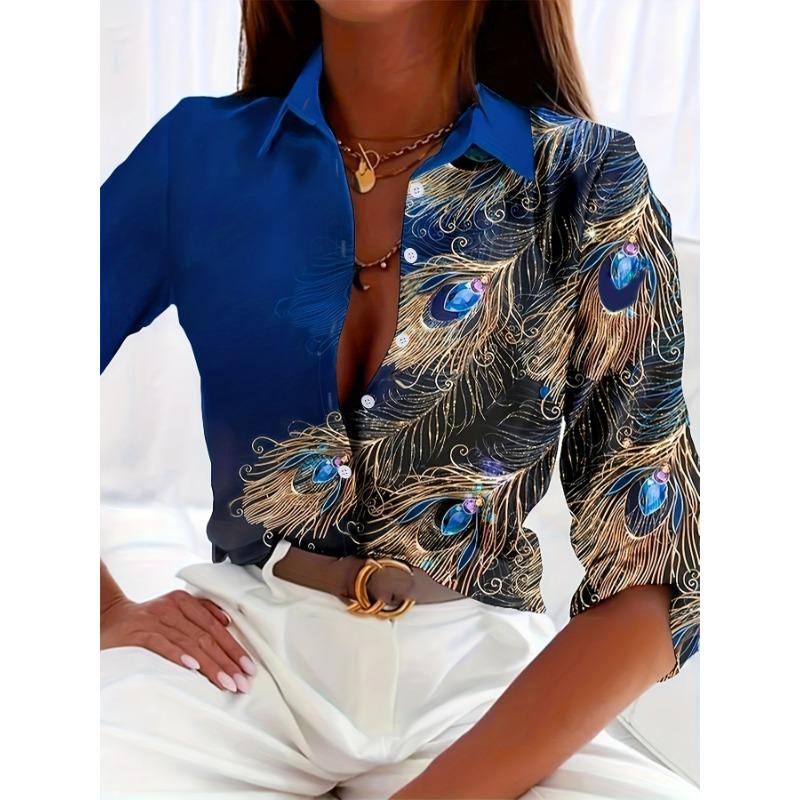 Fashion Women's Chain Flower Printed Shirt Women's Long Sleeve Tops Cotton Office Spring and Autumn Casual Loose Tops