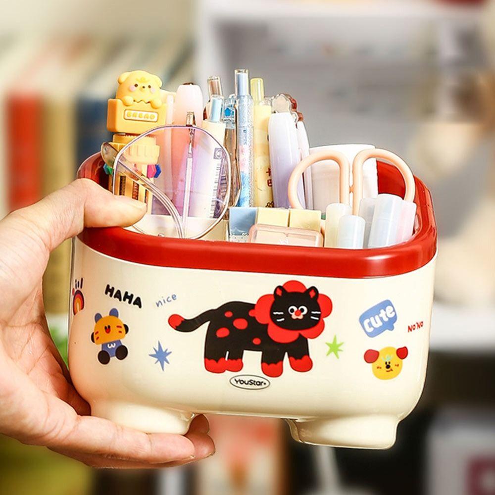 New Dopamine Stationery Storage Box Large Capacity Cartoon Pattern Cosmetics Storage Box Multi Grid with Stickers Pen Holder