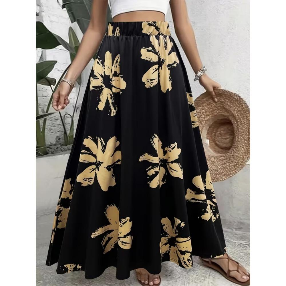 Women's Floral Printed High Waisted Long Skirt, Suitable for Casual Beach Wear on Vacation