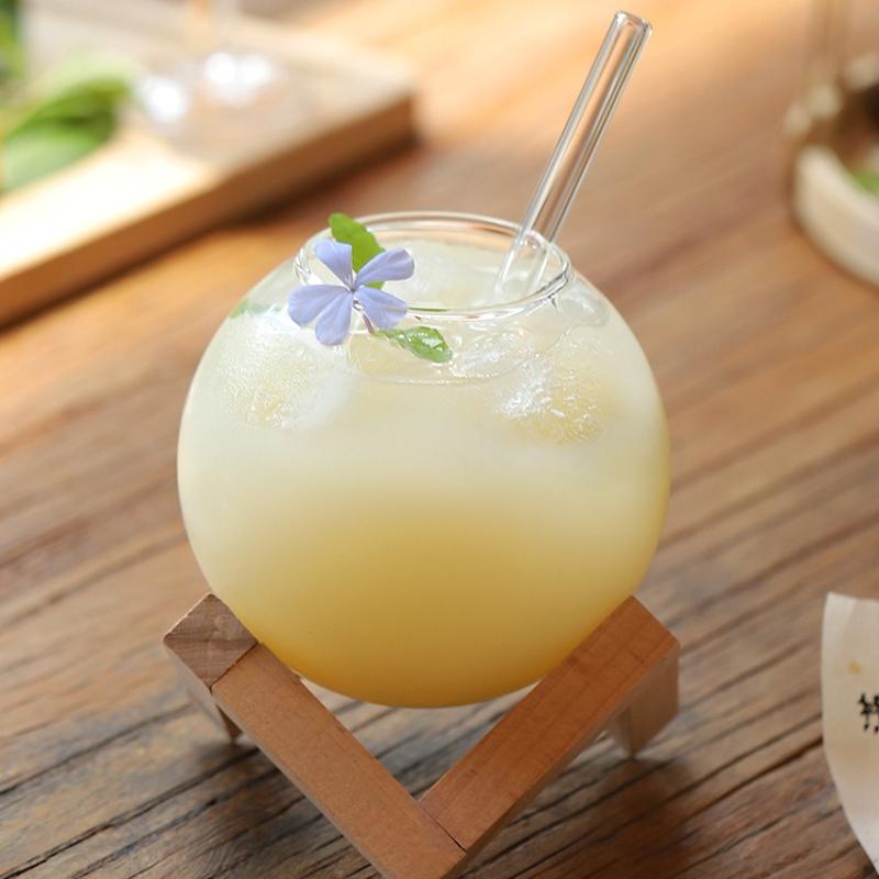 Cocktail Glass Cup with Wood Stand Creative Lunar Round Shape Drink Cup with Straw Christmas Cups Iced Coffee Cups Drinkware