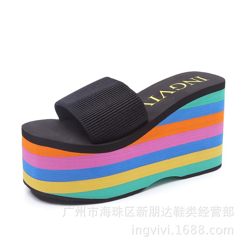 Fashion Beach Shoes Ladies' Slippers On A Wedge Women Heels Multicolored Sandals Gingham Rubber Flip Flops Luxury Slides Sabot High Flat