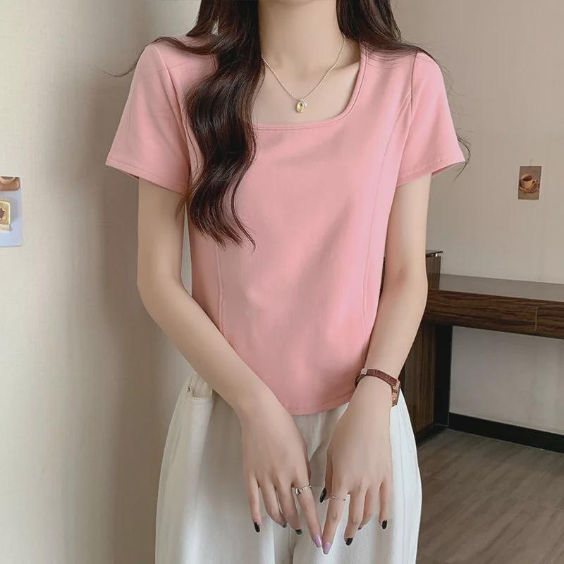 

Женская футболка с квадратным воротником и узором «елочка» из коллекции лета 2025 года — асимметричный однотонный дизайн XXL