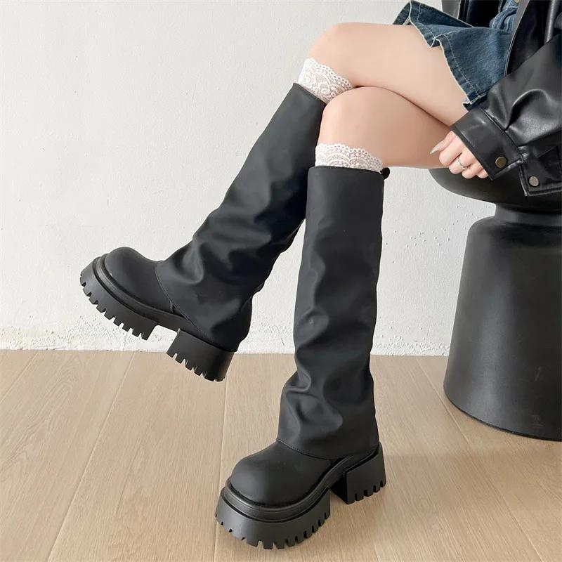 Winter Punk Style Pleated Women Knee High Boots Fashion Platform Height Increase Long Booties Zapatos De Mujer