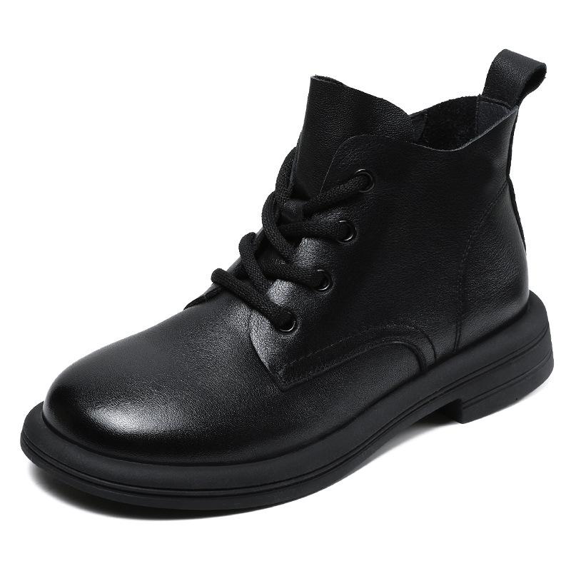 

Johnature Натуральная кожа Британский стиль Ботинки Шнуровка Мягкая подошва Короткие Ботинки Однотонные Женские Туфли 35 чёрный