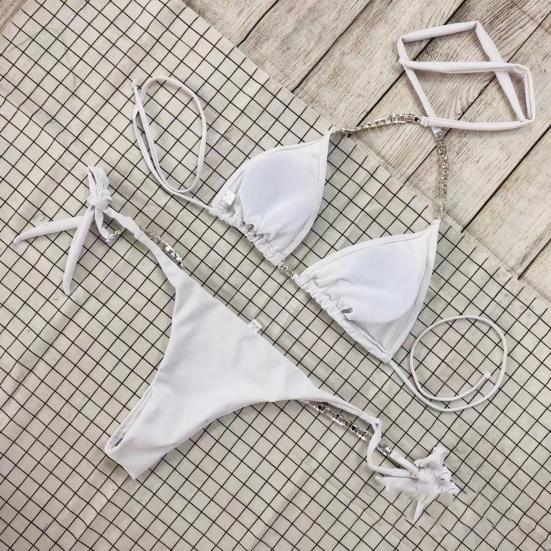 2 Pcs/Set Swimwear Set Rhinestone Halter Neck Lace Up Backless Bikini Set for