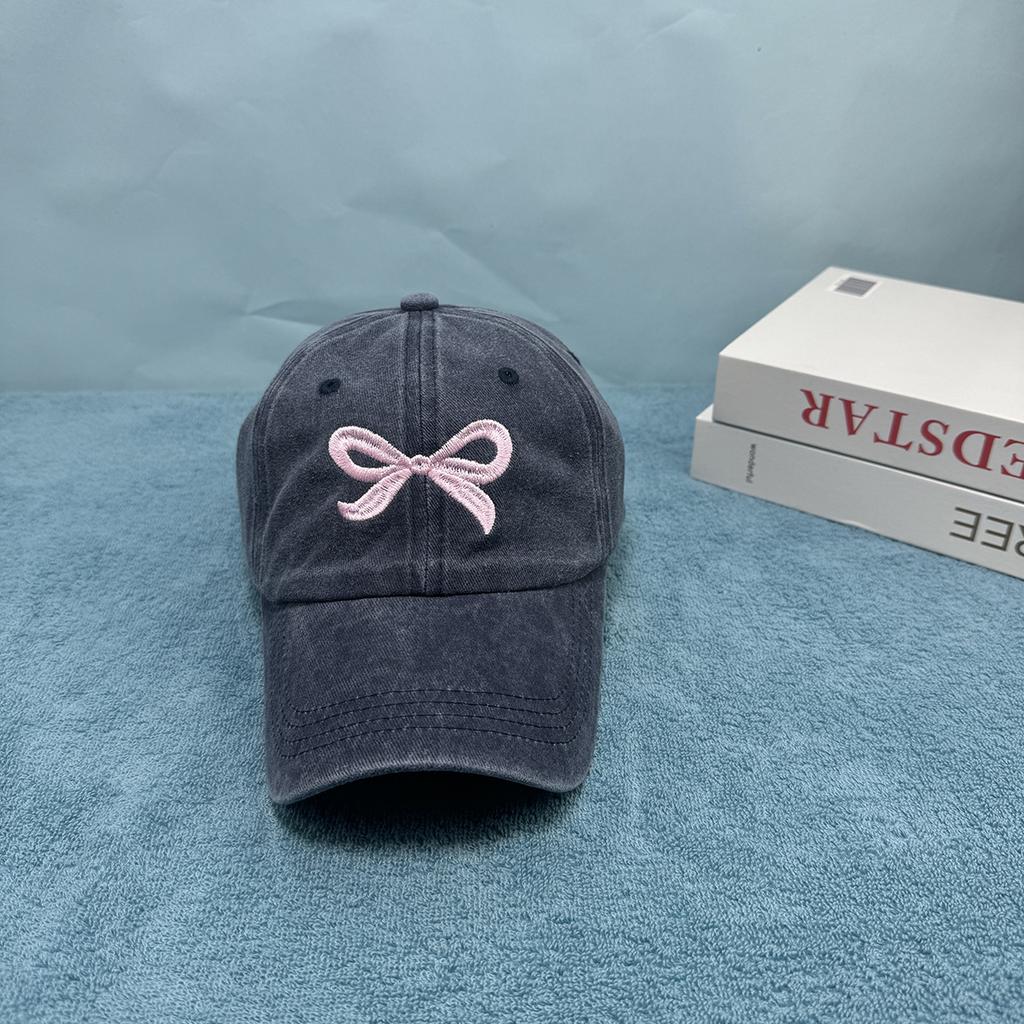 Embroidered Sweet Bow Baseball Hat Women's Pink Korean Washed Cotton Hat Top Summer Outdoor Elastic Back Ponytail Sun Hat