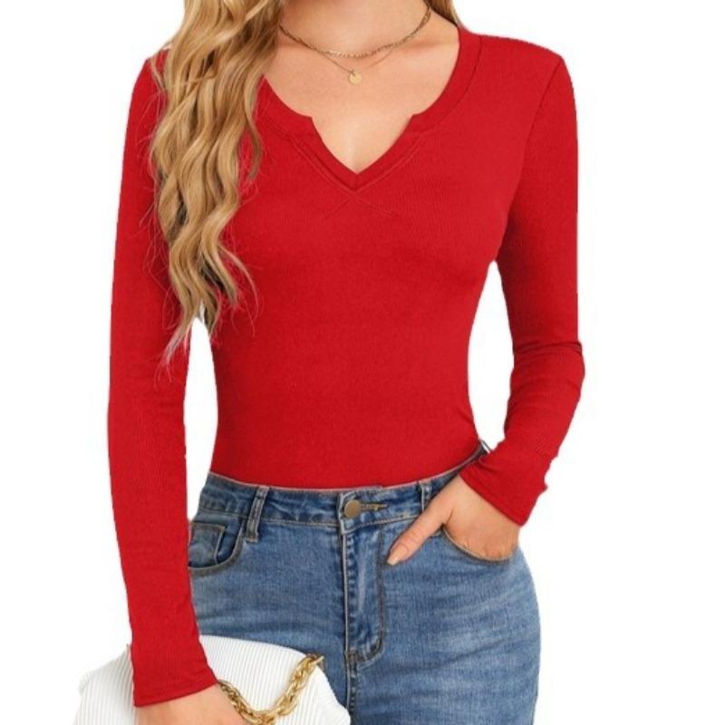 Women's Deep U-shaped Neckline Cross Long Sleeved T-shirt Top with Pit Stripes Shirt