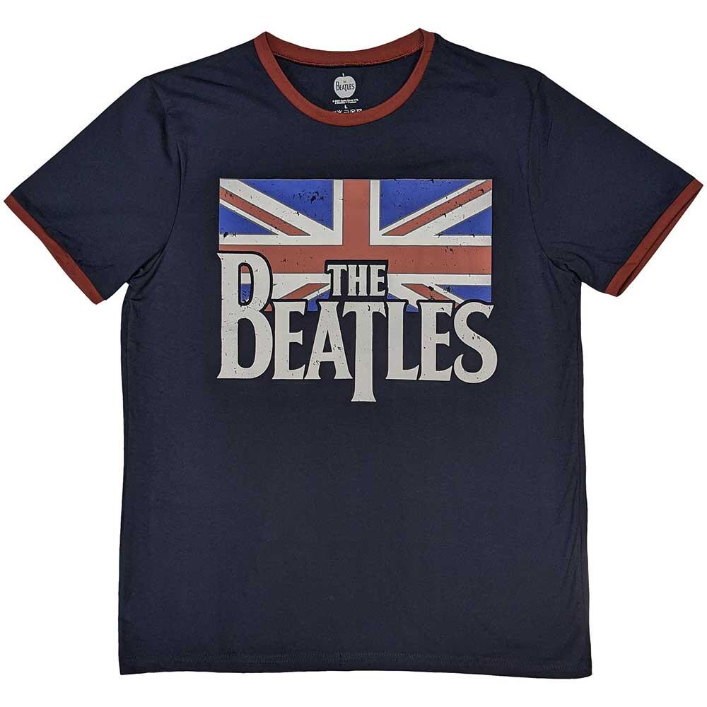 The Beatles - Drop T Logo & Vintage Flag - Navy Blue Ringer T-shirt Unisex T-Shirt XXXL