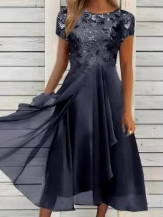 2026 Women's Chiffon Patchwork Print Dress: Round Neck, Short Sleeve, Wide Hem Skirt