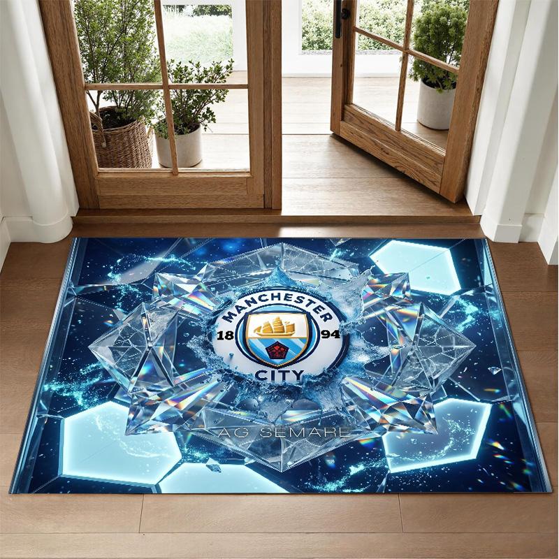Manchester City Design Crystal Velvet Rug Soft Decorative Mat for Bedroom Entrance