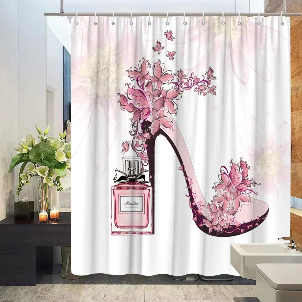 Cosmetic Perfume and Floral Shower Curtain and Rug Bathroom Set Flowers Heels Lipstick Home Cloth Hanging Curtain Bathroom Decor