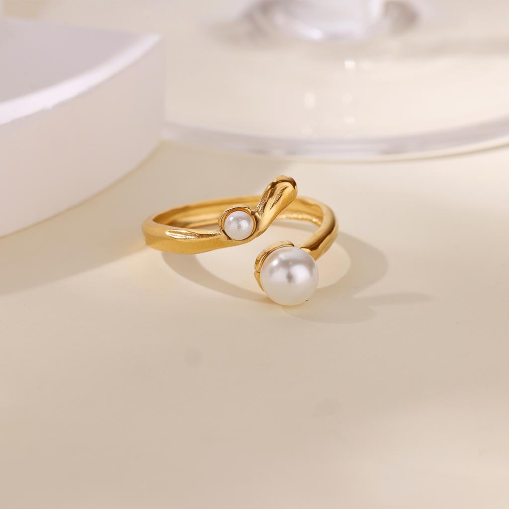 Elegant Cute Imitation Pearl Rings for Women Stainless Steel Opening Gold Color Finger Ring New Trend Aesthetic Jewelry Gifts