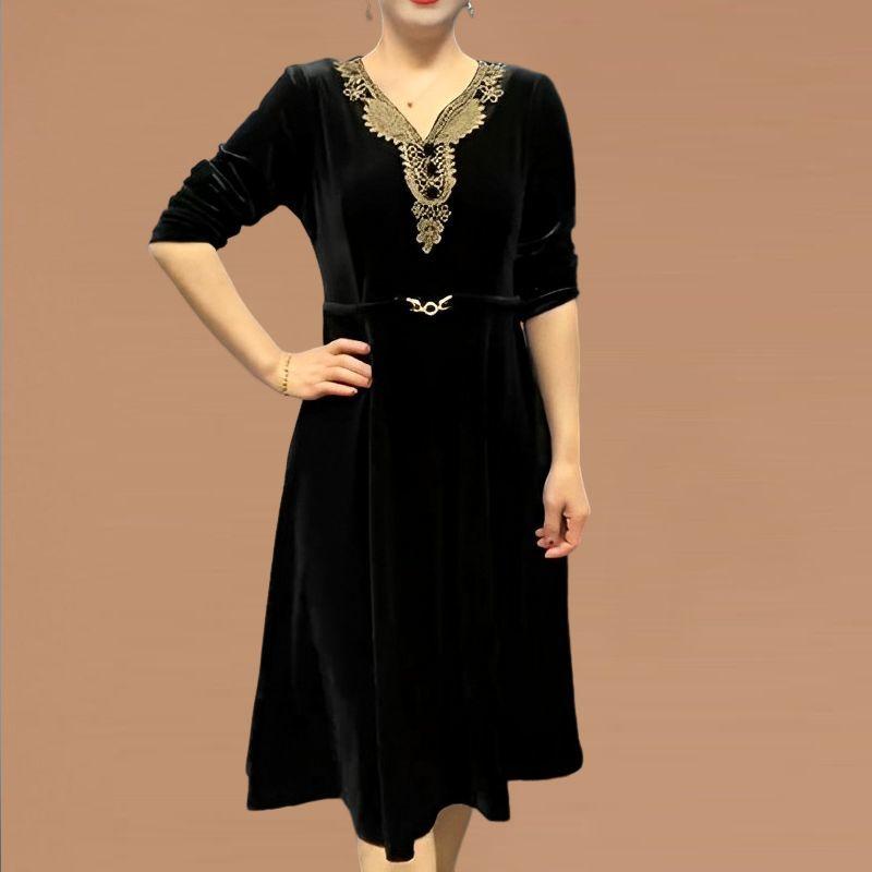 Jesień Zima Odzież Damska Złoty Aksamit Luksusowy Elegancki Sukienka Vintage Moda Casual Nowy Luźny Długi Rękaw Midi Szykowna Sukienki